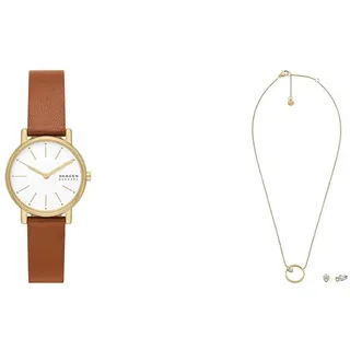 Skagen Damen Signatur Lille Braune Lederuhr und Goldfarbener Edelstahl Geschenkset
