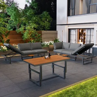 Flieks Gartenmöbel Set 6 Personen, Verstellbar Gartensofa mit Gartentisch, Gartenlounge Set 3-tlg, Terassenmöbel Balkonmöbel Loungemöbel Set, Grau - Grau