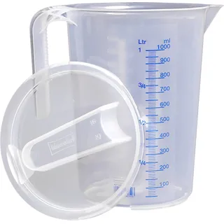 Hünersdorff Messbecher 1l mit Deckel | Polypropylen (PP) | bruchsicher und spülmaschinengeeignet | offener Griff , Transparent+blau