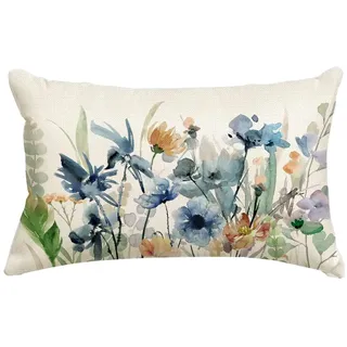 RABUSOFA Blumenwiesen Kissenbezug 30x50 Verwaschenes Aquarellmuster | Frühling Sommer Deko Wohnzimmer Decorations Indoor Landhausstil Outdoor Kissen für Sofa Dekorativer