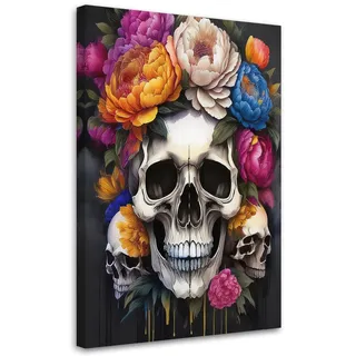Feeby Leinwandbild Totenkopf Pfingstrosen Blumen bunt 60x90cm , Multicolor , Textil , Baum/Pflanze/Natur , Rechteckig , 60x90 cm , Bilder & Rahmen, Bilder, Leinwandbilder