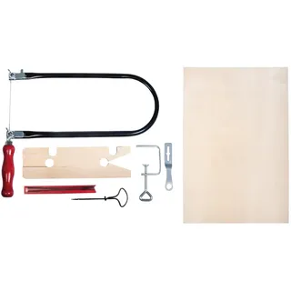 Rayher 69218000 Laubsäge-Set, mit Nagelbohrer, Sperrholzplatte und weiterem Zubehör in Holzbox, 33,7x22x43 cm