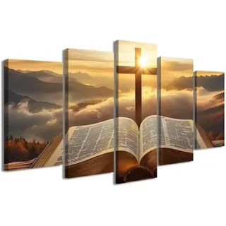 ZXHYWYM 5 Stück christliche Bilder Jesus Bibel und Kreuz Gemälde Sonnenaufgang Landschaft Leinwanddrucke religiöse Schrift Poster Wohnzimmer Büro Dekoration ((100L x 200B cm))