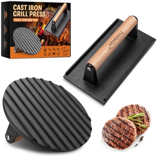 Freelander Burgerpresse Gusseisen, Burger Smasher Set mit Runde (Ø 17.6cm) und Rechteckige (20.5cm), Grillpresse mit Hitzeresistentem Griff, Groß Hamburgerpresse für BBQ, Steak, Sandwiches