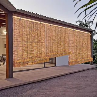 Natur Bambus Rollo UV-Block Für Aussenbereich Balkon 35 40 55 60 75 80 100 120 135 140 155 160 cm, Wetterfest Bambusrollo Raffrollos, Terrasse Lichtfilter Jalousine Vorhang Seitenzugrollo(W120cm x H13