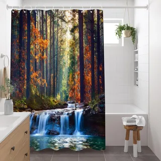 ZZYSKS Duschvorhang mit Wald-Wasserfall-Motiv, Herbst, malerischer Dschungel, natürliche Landschaft, saisonale Landschaft, grüner Baum, Fluss, Stein, Stoff, Badezimmer-Dekor-Set mit Haken, 178 x 178