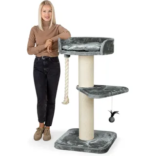 HAPPYPET Premium Kratzbaum Grosse Katzen Stabil 'Felix' - Katzenbaum, Kletterbaum, für Maine Coon, Natursisal, Dicke Stämme mit 18 cm, 120 cm Hoch - Grau