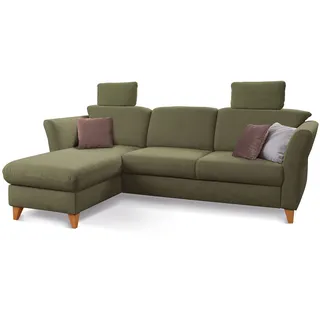 CAVADORE Schlafsofa Trend / Skandinavische Eckcouch mit Federkern, Bettfunktion, Bettkasten im Longchair und 2 Kopfstützen / 249 x 86 x 162 / Cord, Olive