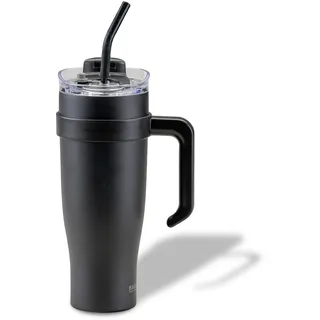 Fackelmann Isoliertrinkbecher XXL schwarz 1200 ml – Für Kaltgetränke, aus hochwertigem Edelstahl mit doppelwandiger Isolierung und flexibler Trinkhalmverlängerung