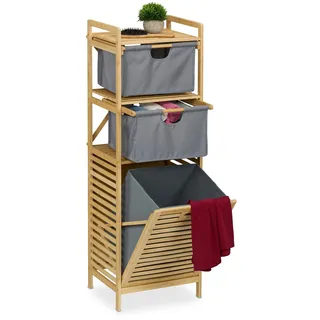 Relaxdays Wäschekorb, kippbarer Wäschesammler, 30 l, Ablage & 2 Schubladen, Bambus, Stoff, HBT: 120x40x33 cm, Natur/grau
