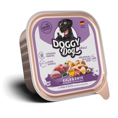 DOGGY Dog Paté Kalb & Ente, 10 x 150 g, Nassfutter für Hunde, getreidefreies Hundefutter mit Lachsöl und Grünlippmuschel, Alleinfuttermittel mit Kartoffeln und Pastinake, Made in Germany