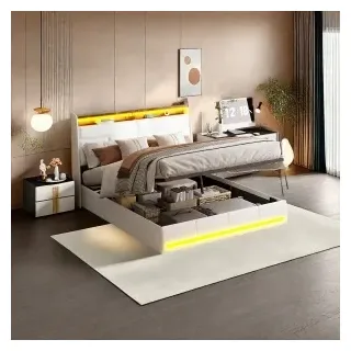 UnboxG Polsterbett Doppelbett 140x200 cm mit LED-Beleuchtung, Bett mit Kopfteil Hydraulisch Stauraum, Metallbett Bettgestell mit Lattenrost aus Holz, PU, Weiß - Weiß