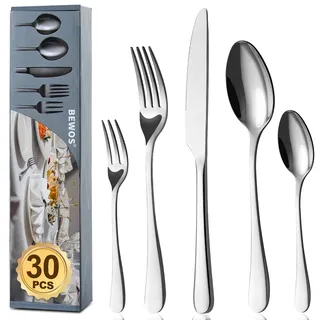 BEWOS Besteck Set für 6 Personen-30 teilig Essbesteck Set inkl. Messer, Gabel, Löffel, Besteck Edelstahl Spiegelpoliert, Spülmaschinenfest