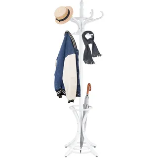 HOMASIS 184 cm Kleiderständer, Garderobenständer mit 12 Haken & Schirmständer, Jackenständer Garderobe aus holz für Mänteln, Hüten & Taschen, Standgarderobe für Schlafzimmer & Flur (Weiß)