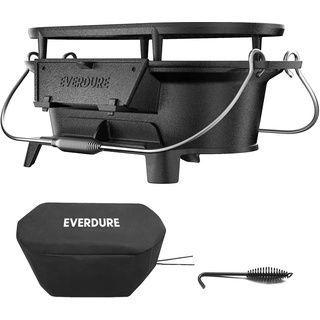 Everdure Ovaler Gusseisen-Grill & Abdeckhaube - Outdoor, tragbarer Holzkohlegrill und Tischplatte Gusseisenpfanne - 100% Gusseisen, emailliert, langlebig, kleiner Holzkohlegrill, Campingkocher,