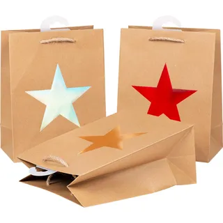 HEKU 24er Set Hochwertige Geschenktaschen aus Papier, Stern-Motiv, Metallic-Aufdruck I 3 Farben (rot, gold, silber) I Praktische Größe (23x18x10 cm), Single Star