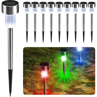 CUQOO Solar-Gartenstecker – 10 Stück farbwechselnde LED-Leuchten – wasserdicht, wiederaufladbar, Edelstahl-Gartenleuchten für Wegbeleuchtung – Outdoor-Solarleuchten für Garten (mehrfarbig)