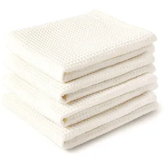 Encasa XO Küchenhandtücher und Waschlappen aus Baumwolle | Solide aus weiß | Waffel und Flachgewebe-Geschirrtuch | Geschirrtuch-Set | 70x45 cm, Wiederverwendbar und schnell trocknend 4er-Set