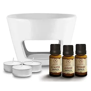 Keramik Aromabrenner Weiß für Teelicht mit Set Ätherische Öle 3 Düfte x 10ml für Aromatherapie, Entspannung, Duftlampe für Raumerfrischung (Lavendelöl, Pfefferminzeöl, Eukalyptusöl)