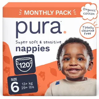 Pura Eco Baby Nappies - Größe 6 (13 kg + / 29 Pfund), 6 x 20 Nappies (insgesamt 120 cm), Monthly Pack, ultraweiche Nappies für empfindliche Haut, Bio-Baumwolle, bis zu 12 Stunden Lakschutz, neuer