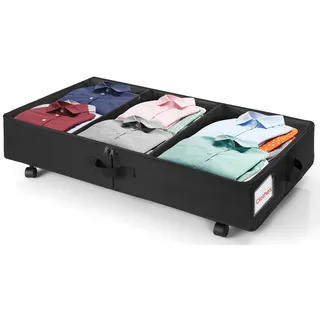 FREEAMG 1 Stück Unterbettkommode mit Rollen, 50L Unterbett Aufbewahrungsbox, Faltbare Unterbettschublade mit Deckel, Unterbettbox mit 4 Rollen & Metallrahmen (Schwarz)