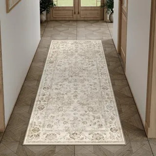 HUGEAR Vintage Beige Waschbarer Läufer Teppich Flur 60x180cm Bettvorleger Küchen Wohnzimmer Schlafzimmer Teppiche rutschfest Kurzflor Weich Flurläufer Teppichläufer