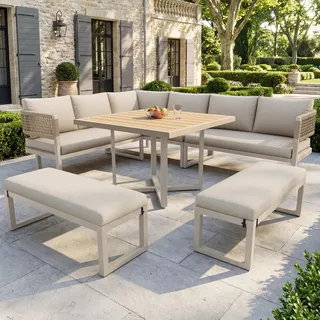 Merax Garten-Lounge-Set für 8-10 Personen, Gartenmöbel-Set mit Esstisch aus Kunststoffholz, Seilwerk, verstellbare Beine, Kissen inklusive, Beige - Beige