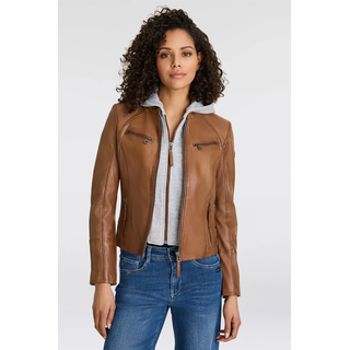 Lederjacke MAURITIUS "NOLA", Damen, Gr. XS/34, braun (cognac), Obermaterial: 100% Schafsleder. Futter: 100% Baumwolle. Kapuze: 55% Polyester, 45% Baumwolle. Ärmelfutter: 100% Polyester, kontrastfarbene Details, sehr figurbetont kurz, Rundhals, 2-Naht-Ärmel mit Reißverschluss, Jacken Lederjacke, Two-in-One Style - mit abnehmbarer Jersey-Kapuze, Topseller