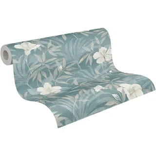 A.S. Création Blumentapete Cuba Tapete floral natürlich Vliestapete beige blau leicht glänzend matt fein strukturiert 380285 38028-5, 10.05 m x 0.53 m