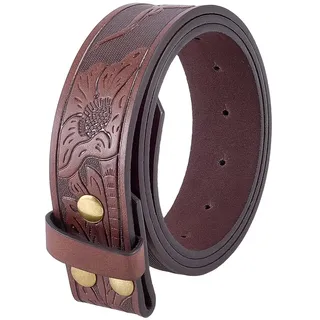 CLAFOVERA 3.75cm Western Gürtelriemen Aus PU Leder Für Herren Vintage Cowboy Hüftgürtel Mit Blumenprägung Ohne Schnalle Gravierter Leder Ersatzgürtelriemen Für Cowgirl DIY Bund (Brown)