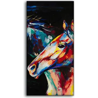 Wohnzimmer-Bild Leinwand Uhr Geräuschlos 30x60 Malen Tiere Pferde Bunt - schwarze Hände