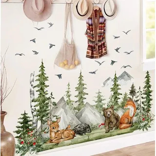 WandSticker4U®- XXL Natur Wandsticker WALD & TIERE (150x96 cm) I Wandtattoo Waldtiere Kinderzimmer Fuchs Bär Reh Baum grün Dschungel I Wanddeko Baby Zimmer Mädchen & Junge Tier Deko GROß