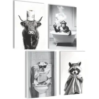 mojoliving Bilder Badezimmer Bilder Gäste WC Schild Badezimmer Poster Toilette WC Deko Bad Poster WC Deko Gästetoilette Bild (Bad Tiere, Posterset 4x A4 (21x30cm) | ohne Rahmen)