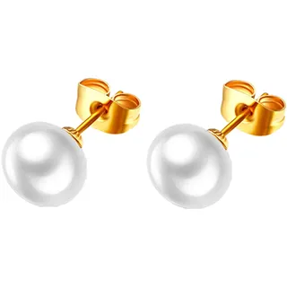 JewelryWe Schmuck Damen Ohrstecker, 10mm Hochwertige Süßwasser Zuchtperlen Edelstahl Perlenohrstecker Ohrringe mit Weiß Echten Perlen, Gold