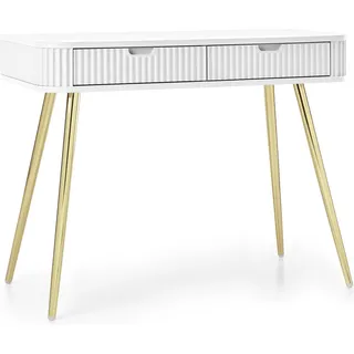 ZOVA Schminktisch mit 2 Schubladen, geriffelte Fronten, Weiß, Metallfüße Gold, 103x80x49 cm - Weiß