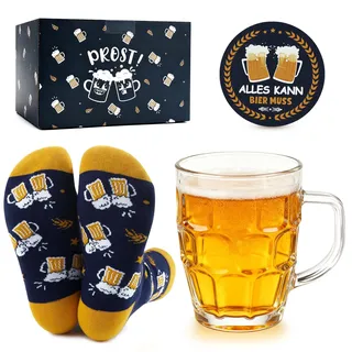 Belillpipi Geschenke für Männer, Lustiges Bier Geschenkset mit Bierkrug aus Glas & Socken, Geburtstagsgeschenk, Vatertags für Papa, Freund, Kollegen, Geschenk für Bierliebhaber