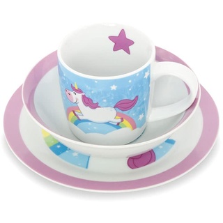 GREENBOX Porzellan Kinder-Geschirrset I Frühstücksset 3-teilig spülmaschinenfest I Tasse-Teller-Schüssel-Set mit Motiv I Geschenkideen für Kinder I lustiges Kindergeschirr mit Einhorn-Bild