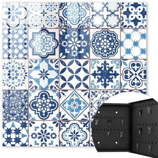 Tulup Schlüsselbox Schwarz 30x30 cm- Türöffnung nach rechts - Blaue Fliesen , Metall , Vintage , Rechteckig , 30x30x5 cm , Garderobe, Schlüsselkästen & Schlüsselboards