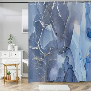 ASDCXZ Duschvorhang Blau Gold Marmor 180x180 cm, Modern Abstrakt Blau Gold Weiß Marmor Optik Textur Waschbar Bad Duschvorhänge Polyester Textil Wasserdicht Duschvorhang für Badewanne mit 12 Hake