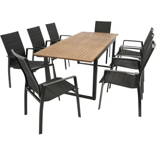 DEGAMO Gartenset Sitzgruppe RIVELLO 9-teilig, Alu + Akazie + Kunstgewebe schwarz - Dunkelgrau, Braun, Schwarz