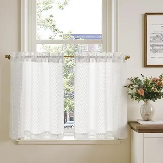 TOPICK Blickdicht Scheibengardinen Küche Weiß Bistrogardine mit Tunnelzug Gardinen mit Waffel Muster Lichtdurchlässig Küchengardinen für Kleine Fenster Verdunkelung Landhaus 2er Set H75xB65 cm