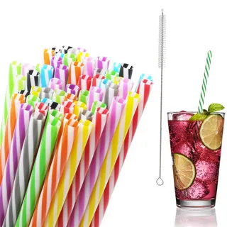 100 Stück Strohhalme Plastik, 23 cm Trinkhalme Plastik mit Strohhalmbürste, Strohhalm Wiederverwendbar, Plastikstrohhalme für Smoothies, Saft, Cocktail, Heißgetränk