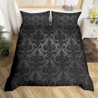 Homewish Gotische Bettwäsche Sets Erwachsene Schwarz Damast Bettbezug Set,Viktorianische Tröster Bezug 135x200 Vintage Barock Goth Bett Set Antik Schwarz Floral Böhmische Dekor,Grau Noir