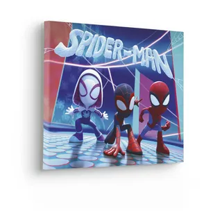 KOMAR Keilrahmenbild - Spidey and His Amazing Friends Glowy Spideys - Größe 40 x 30 cm - Leinwandbild, Bild, Kinderzimmer, Marvel, Blau,rot,lila