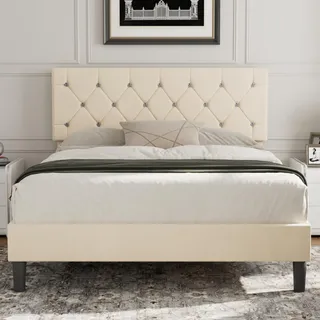 VECELO Doppelbett, gepolstert, 140 x 190 cm, Lattenständer aus robustem Holz, Veloursstoff, einfach zu montieren, Grau