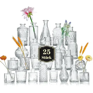 Glas-Budenvasen-Set mit 25 Stück, Mini-Klare Budenvase für Großbestellungen, Kleine Vintage-Blumenvasen für Hochzeiten, Partys und dekorative Tischdekoration zu Hause