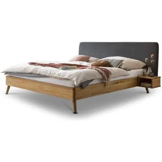 Massivholzbett Eiche mit Polsterkopfteil – 140 x 200 cm / Wildeiche bianco / webstoff-grau