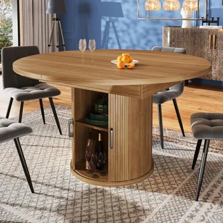 Runder Esstisch ausziehbar mit Stauraum, Küchentisch für bis zu 6 Personen, Walnut - Braun