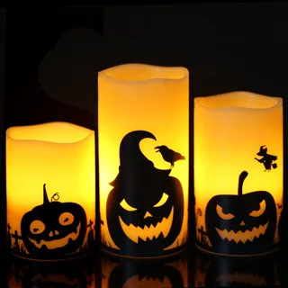 Eldnacele flammenlose Halloween Kerzen, LED flackernde batteriebetriebene Stumpenkerzen mit 6H Timer und Kürbis-Aufklebern, gruselige Herbst-Halloween-Party-Dekoration, 3er-Set