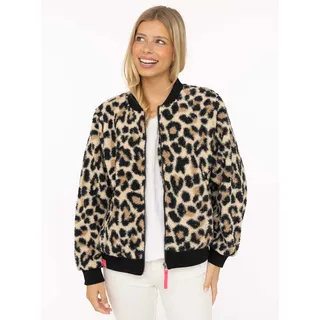 Bomberjacke ZWILLINGSHERZ "Classic Leo", Damen, Gr. M, beige, Bouclé, Obermaterial: 100% Polyester, gemustert, mehrfarbig, taillenbedeckt, ohne Ausschnitt, Rippbündchen, Jacken Bomberjacke, stylisch,kuschelig, Rippbündchen